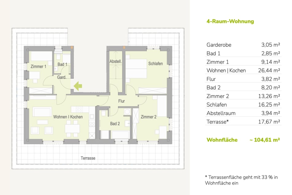 Beispielgrundriss für eine 4-Raumwohnung, perfekt für Familien.