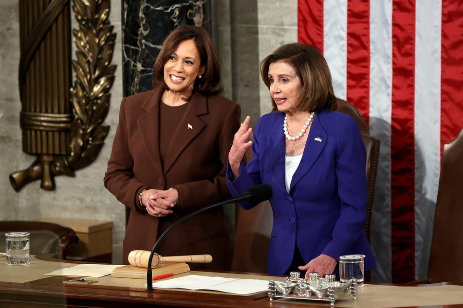 Vice President Harris and Speaker Nancy Pelosi taking their seats before President Biden's State of the Union address.