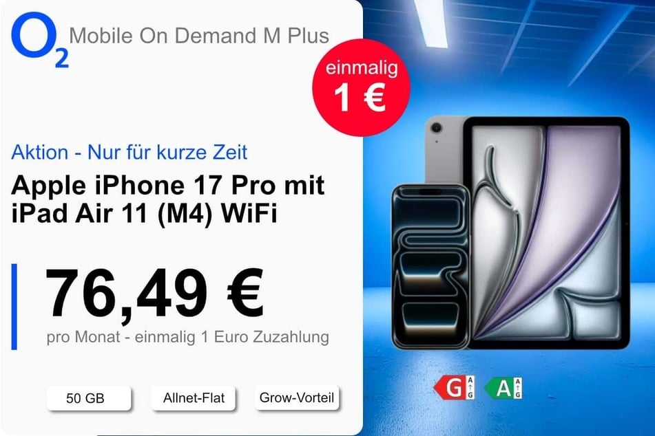Das iPhone 17 Pro mit iPad Air 11 (M4)) und 50 GB Daten für einmalig nur 1 Euro bei o2.