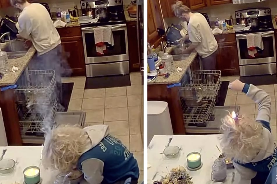 Während die ahnungslose Mutter abwäscht, geraten die Haare ihres Sohnes in eine Kerze und beginnen zu brennen.