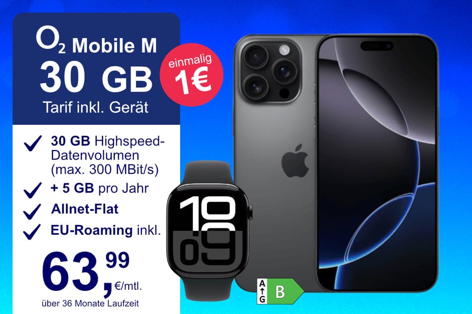 Das iPhone 16 Pro Max + MacBook Air im o2 Mobile M für einmalig 1 Euro.