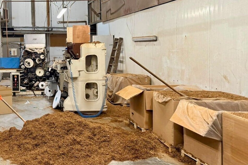 Ein Haufen mit geschnittenem Tabak liegt in einer illegalen Zigarettenfabrik auf dem Boden.
