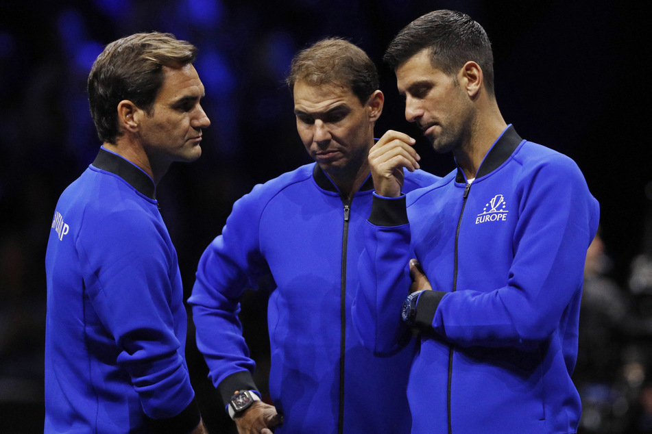 Team Europe's Roger Federer (l.), Rafael Nadal (c.), and Novak Djokovic are pictured together during the 2022 Laver Cup.