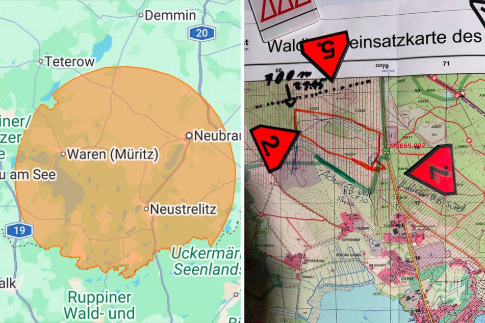 Bei NINA ist eine Warnung für das betroffene Gebiet abgesetzt worden; rechts ein Foto einer Einsatzkarte vor Ort.