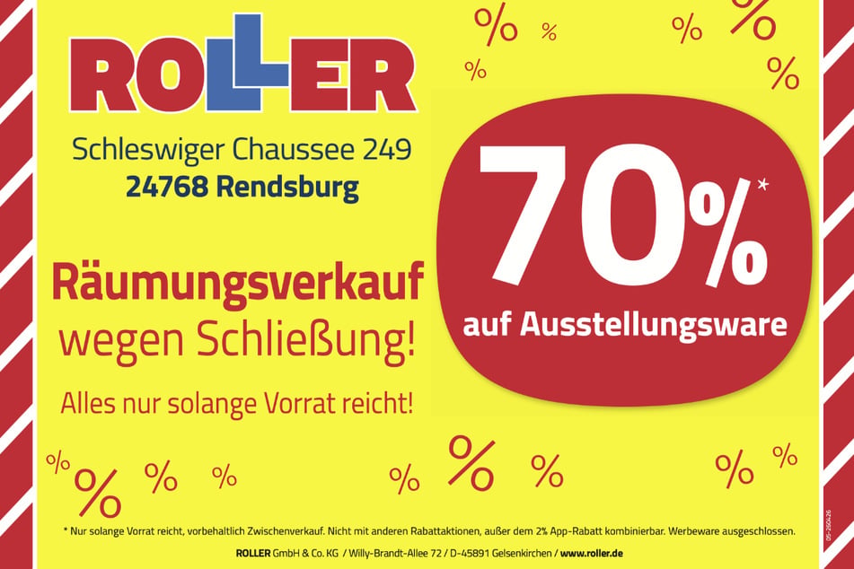 Der Rabatt im großen Räumungsverkaufs bei ROLLER in Rendsburg ist auf 70 Prozent gestiegen.¹