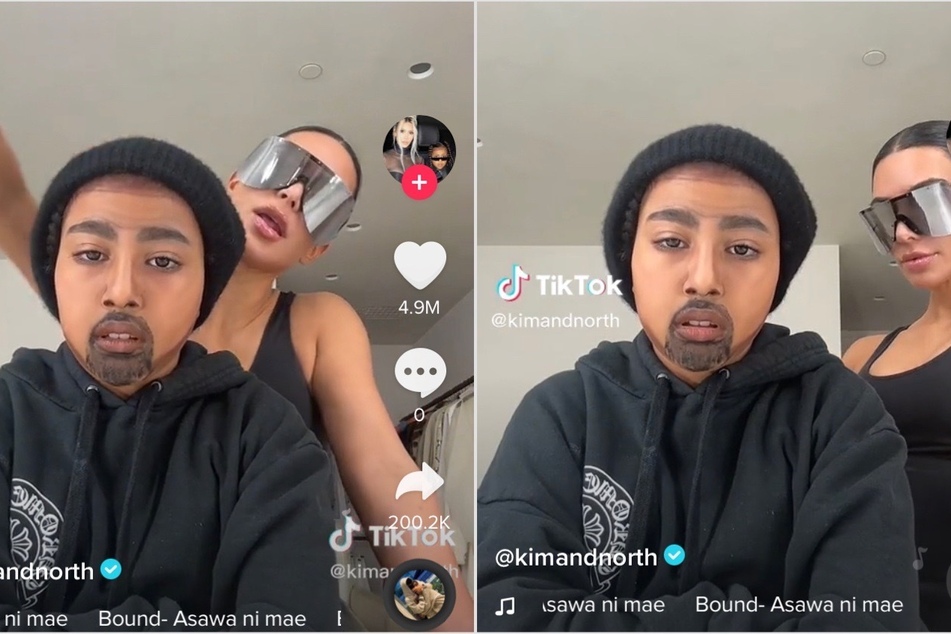 North West (l) is her father's twin in her latest TikTok clip with Kim Kardashian!