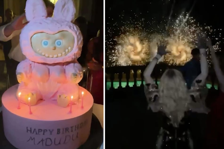 Überrascht wurde Madonna (67) mit einer pinkfarbenen "Madudu"-Torte und einem gigantischen Feuerwerk.