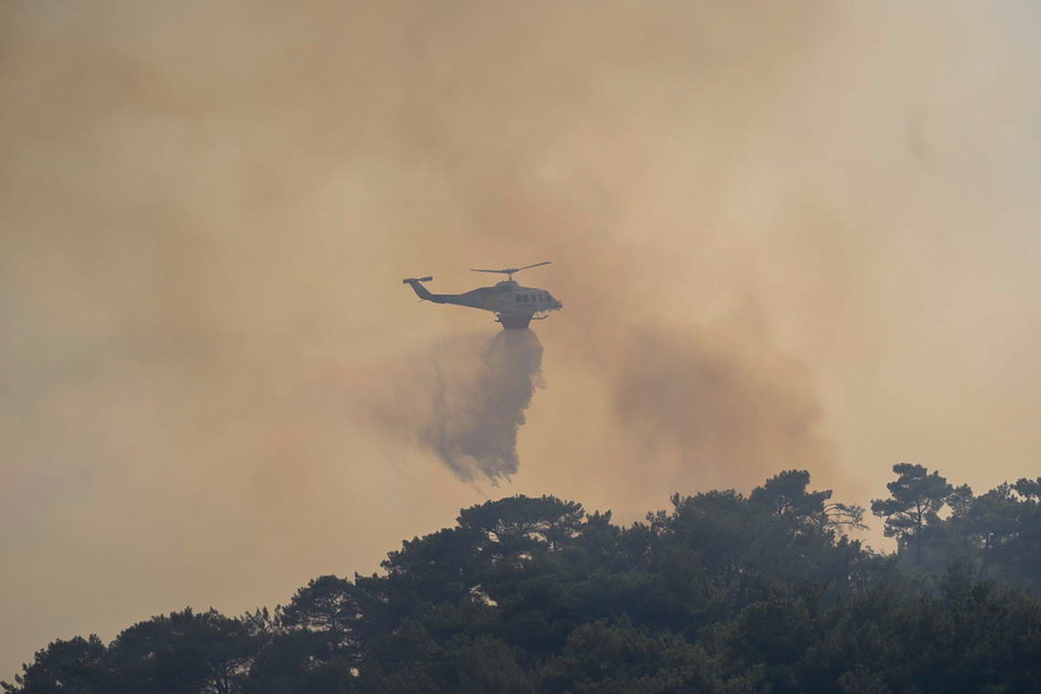 Dutzende Feuerwehrleute, die von drei Hubschraubern und drei Tankflugzeugen unterstützt werden, bekämpfen einen Flächenbrand auf der Insel, der am 15. Juli ausgebrochen ist.