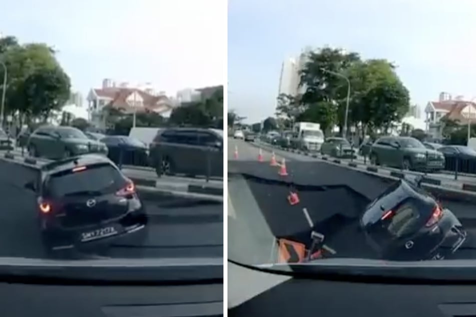 Ein kleines Auto war vom Loch verschluckt worden. Glücklicherweise konnte die Fahrerin gerettet werden.