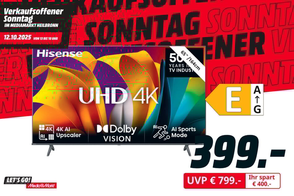 65-Zoll Hisense-Fernseher 65A6N für 399 statt 799 Euro.