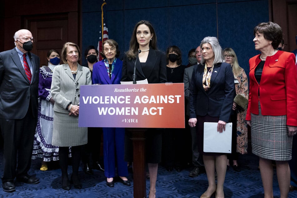 Angelina Jolie speaks in support of the Violence Against Women Act during a Wednesday press conference.