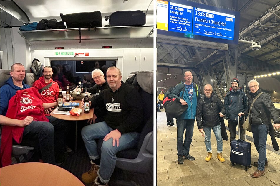 Micha (50), Maik (50), Atze (63) und Tom (54, v.l.n.r. im linken Bild) starteten am Mittwochabend um 18.08 Uhr am Bahnhof Dresden-Neustadt ihr Abenteuer Italien.