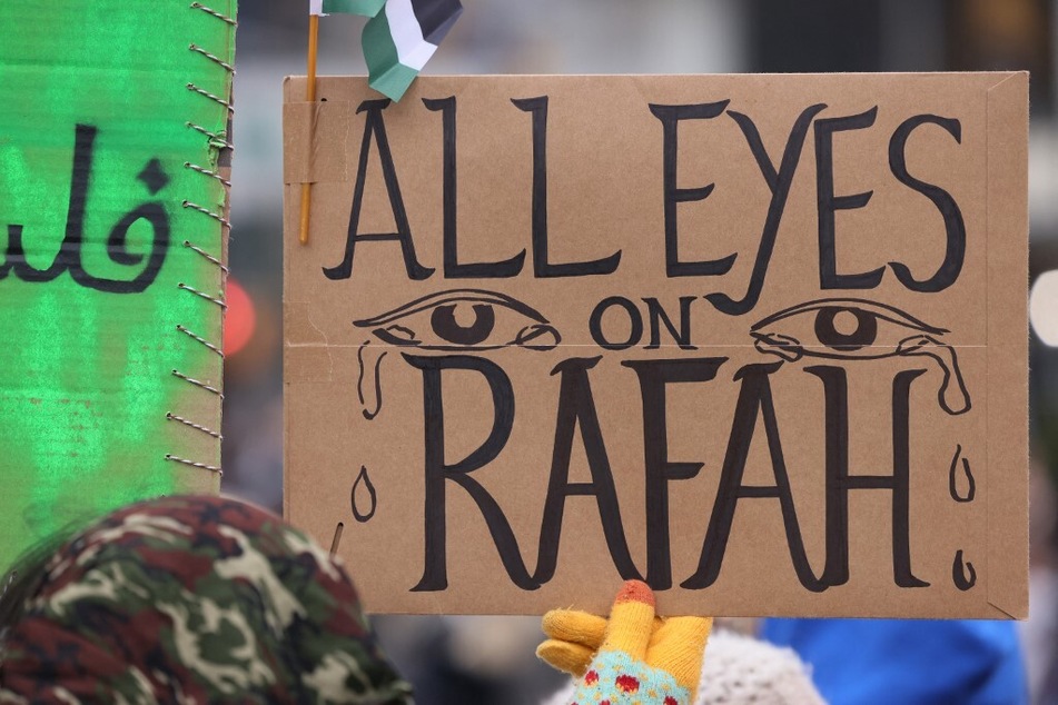 People demand an end to Israel's Rafah invasion at a rally in New York City's Union Square on February 12, 2024.