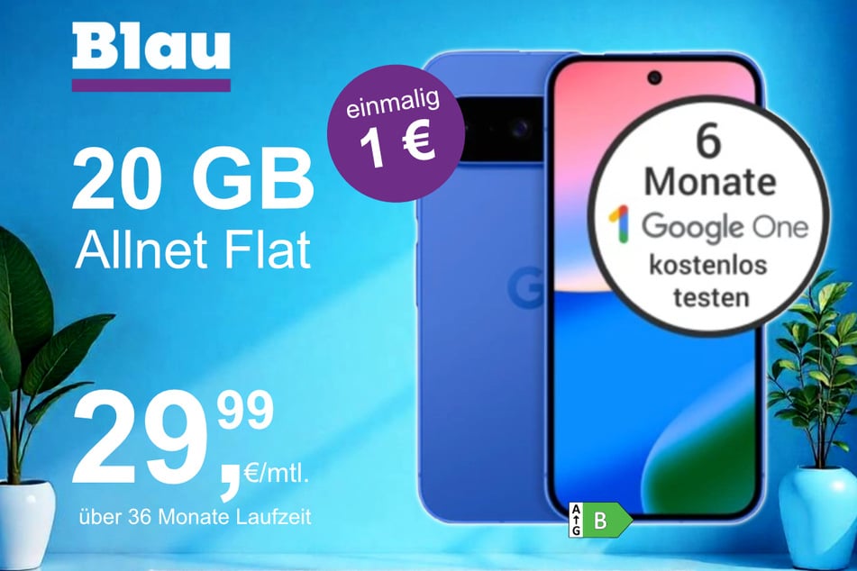 Das Google Pixel 10 im Blau Allnet M für einmalig 1 Euro.