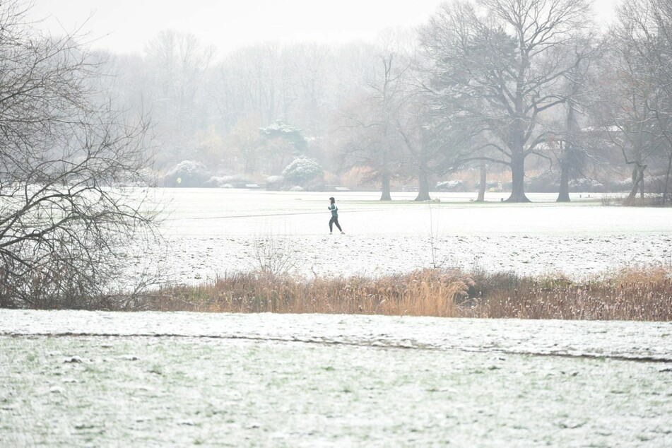 Ein Jogger läuft durch das verschneite Rosental im Leipziger Norden.