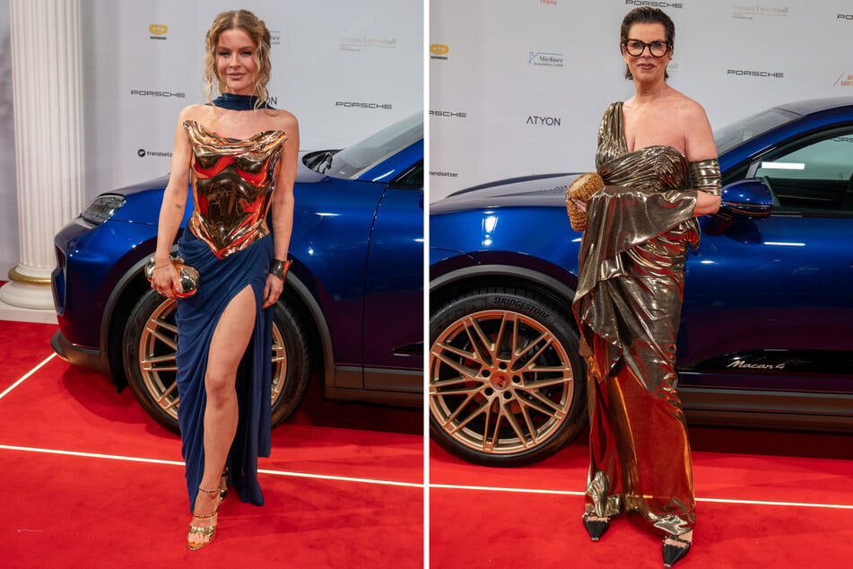 Influencerin Julia Oemler (32, l.) kombinierte über ihrem dunkelblauen Kleid einen goldenen Brustpanzer. Andrea Eggers (r.) hat ihr Kleid selbst entworfen.