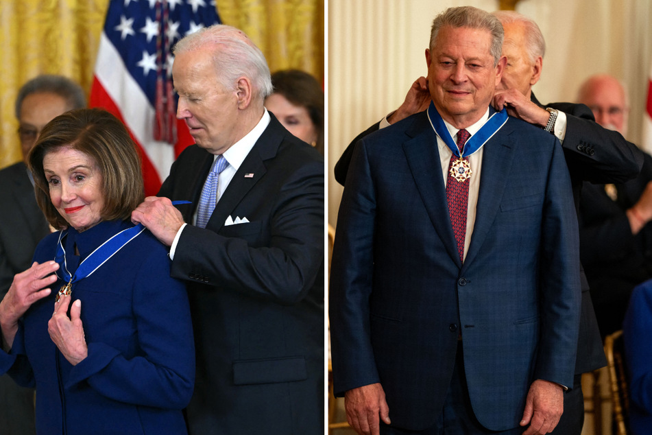 President Joe Biden on Friday awarded the Presidential Medal of Freedom to former House speaker Nancy Pelosi (l.) and ex-vice president Al Gore, among others.