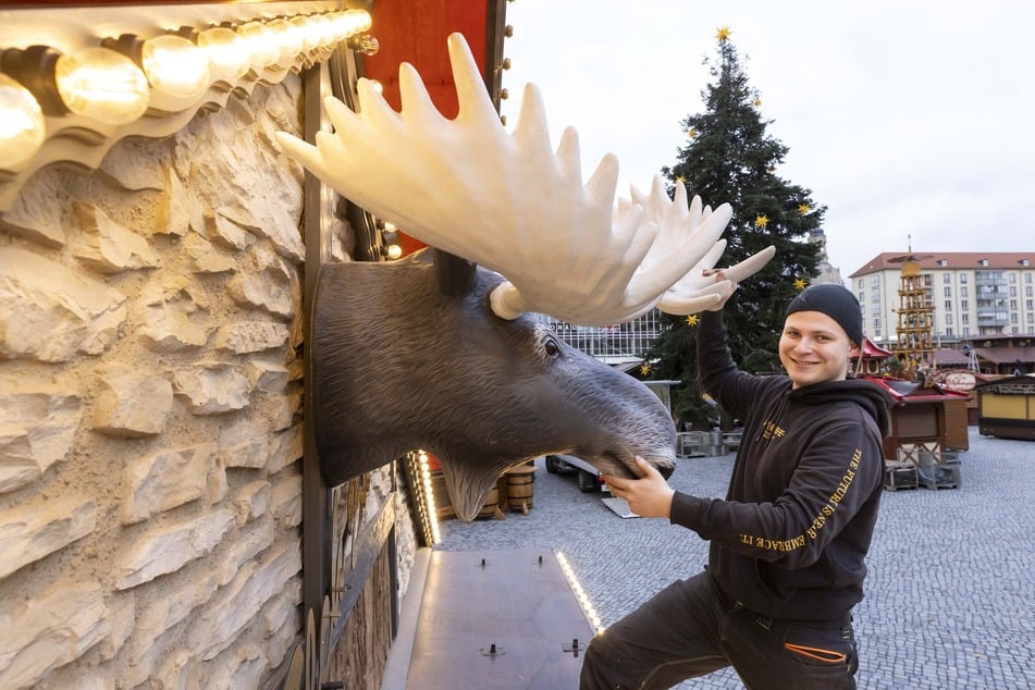 Die passende Deko an Ort und Stelle: Rudi Schäfer (18) dekoriert die Hütte seiner Eltern mit einem künstlichen Elch-Kopf.