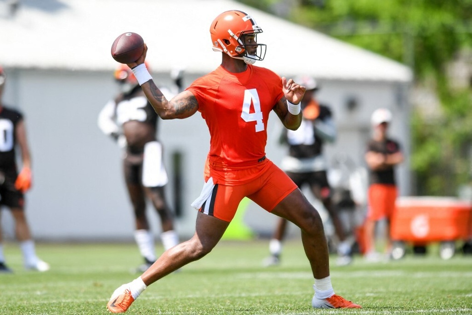 Deshaun Watson of the Cleveland Browns throws a pass during the Cleveland Browns offseason workout.