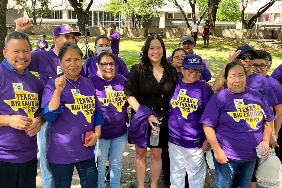 Rochelle Garza (c.) attends a Fight for $15 rally organized by Service Employees International Union (SEIU) Texas.