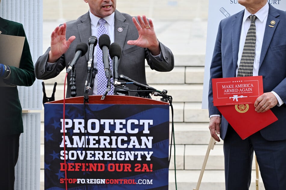 US Representative Bob Good speaks during a press conference with US lawmakers calling for the Supreme Court to "throw out Mexico’s lawsuit against US gun manufacturers" in front of the US Supreme Court building in Washington, DC, on November 19, 2024.