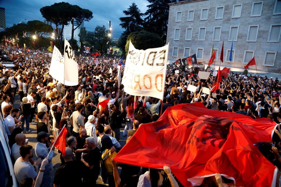 Protesters gather in front of Albania's Prime Minister's Office during the fourth day of demonstrations on June 4, 2026.