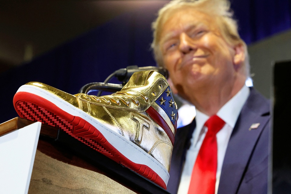 Donald Trump introducing a new line of signature shoes at Sneaker Con at the Philadelphia Convention Center on February 17, 2024.