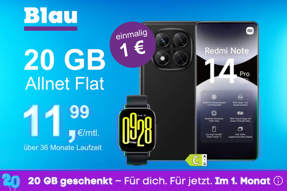 Das Xiaomi Redmi Note 14 Pro + Watch 5 Active im Blau Allnet M für einmalig 1 Euro.