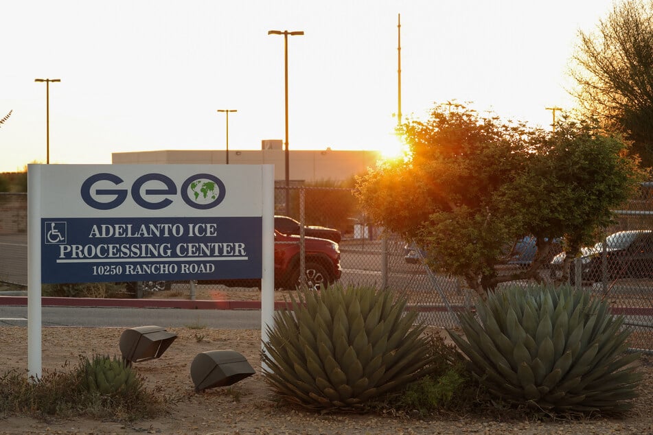 The GEO Group, Inc. logo is displayed outside of the GEO Group Adelanto ICE Processing Center detention facility in California on July 10, 2025.