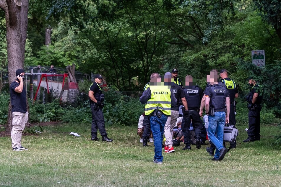 Polizisten während der Razzia im Park in Dulsberg.