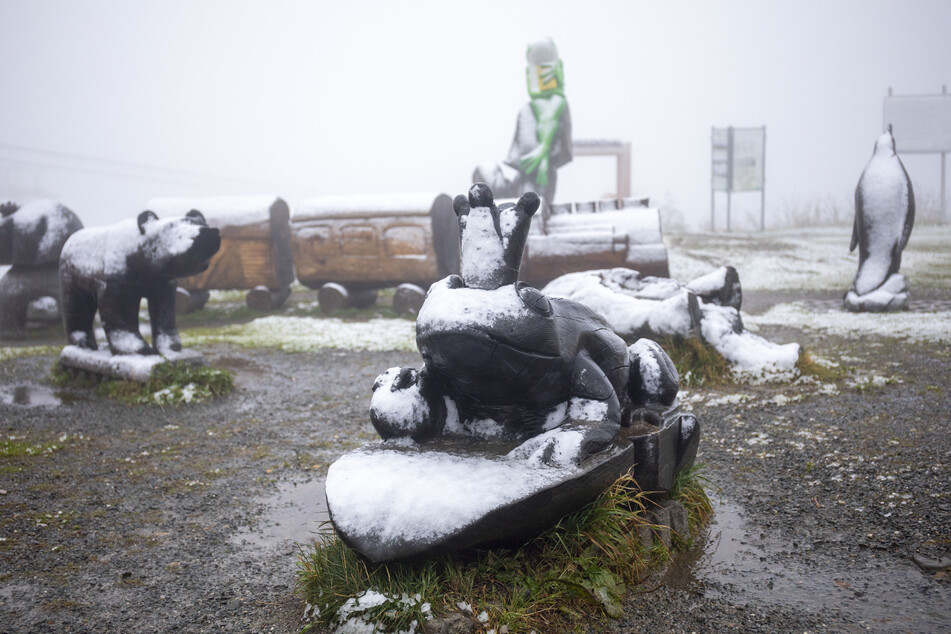 Auf dem relativ warmen Boden und bei einer Lufttemperatur von 0,5 Grad blieb nur wenig Schnee auf dem Fichtelberg liegen.