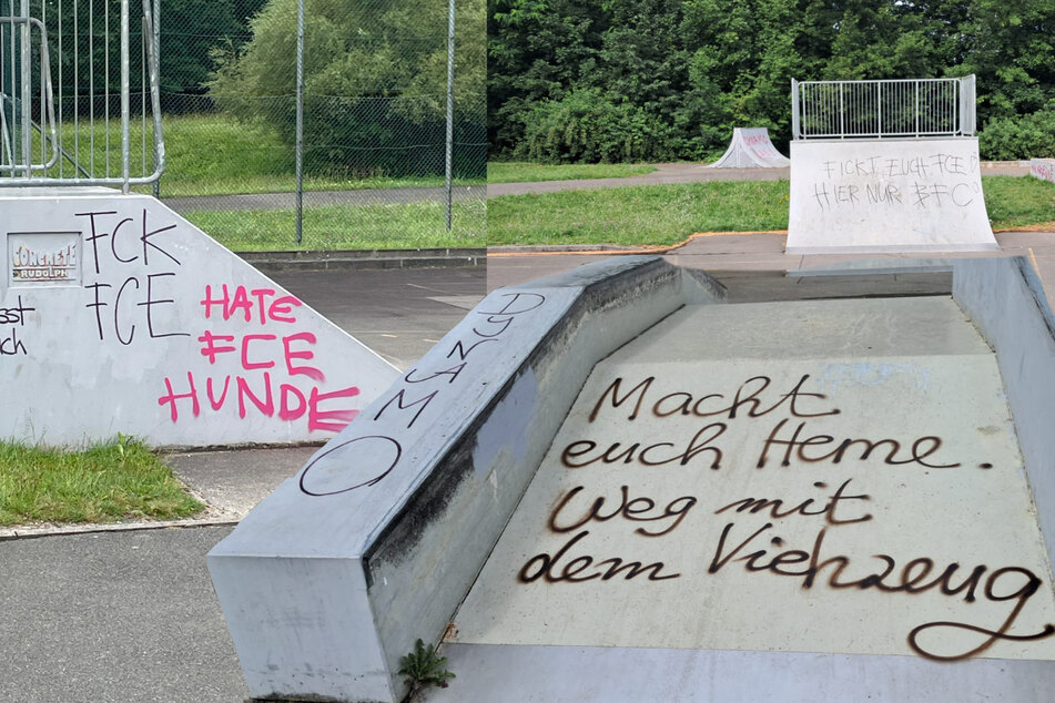 Im Vorfeld des Cottbuser Testspiels am Samstag wurde der anliegende Skaterpark mit Parolen beschmiert.