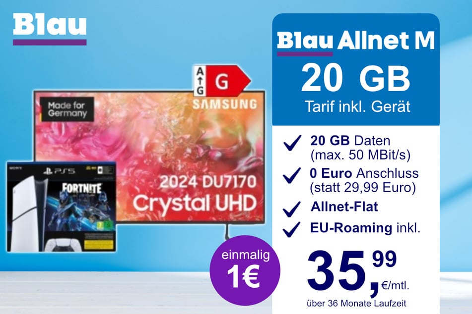 Der 65-Zoll Samsung-TV + PS5 Digital Slim Fortnite im Blau Allnet M inkl. 15 GB für einmalig nur 1 Euro.