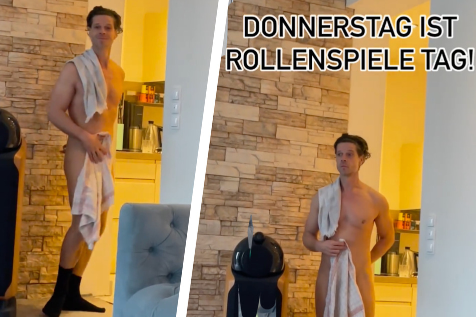 Nackt und nur mit einem Geschirrhandtuch bekleidet, postete sich Stephen Dürr (49) am Donnerstag auf Instagram.