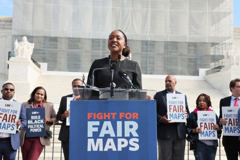 Janai Nelson speaks at the rally as activists and participants gather in front of the Supreme Court of the United States during the Supreme Court re-argument of Louisiana v. Callais on Wednesday in Washington, DC.