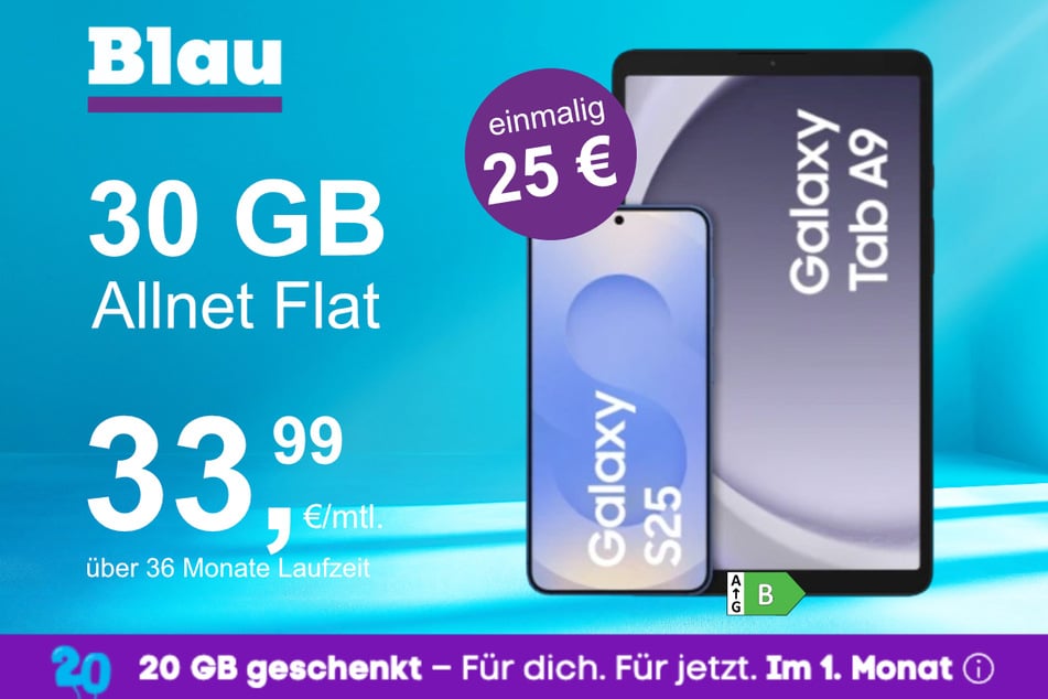 Das Samsung Galaxy S25 + Galaxy Tab A9 im Blau Allnet L für einmalig 25 Euro.