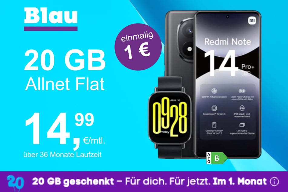Das Xiaomi Redmi Note 14 Pro Plus + Watch 5 Active im Blau Allnet M für einmalig 1 Euro.