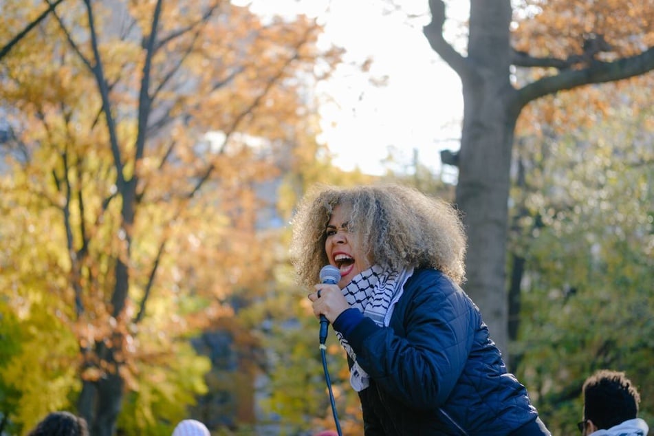 Claudia De la Cruz amps up the crowd during the People’s Day for Palestine in New York City on November 24, 2023.
