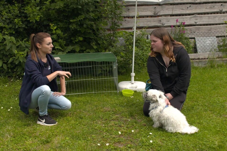 Hundetrainerin Sophie Grethe (l.) arbeitet mit Magdalena (20) und deren Hund Billy.