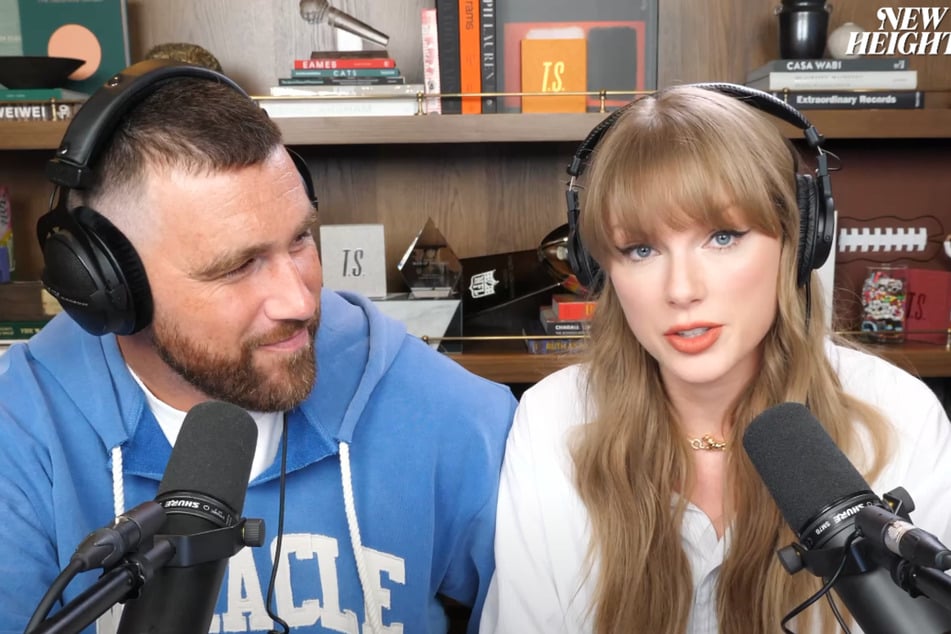 Taylor Swift (r.) appeared on Travis Kelce's New Heights podcast in an episode shared on Wednesday.