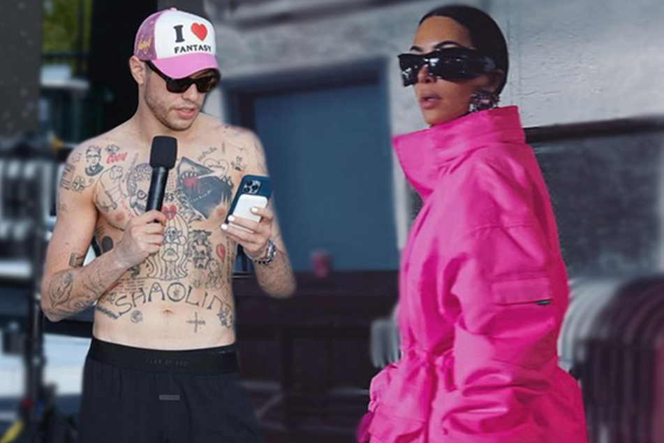 Pete Davidson (l.) and Kim Kardashian (r.) were spotted boarding a private jet to the Bahamas on Monday.