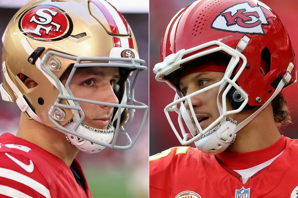 Kansas City is gunning for their third Super Bowl victory under Patrick Mahomes (r.), who are up against NFC champion Brock Purdy (l.) and the San Francisco 49ers.
