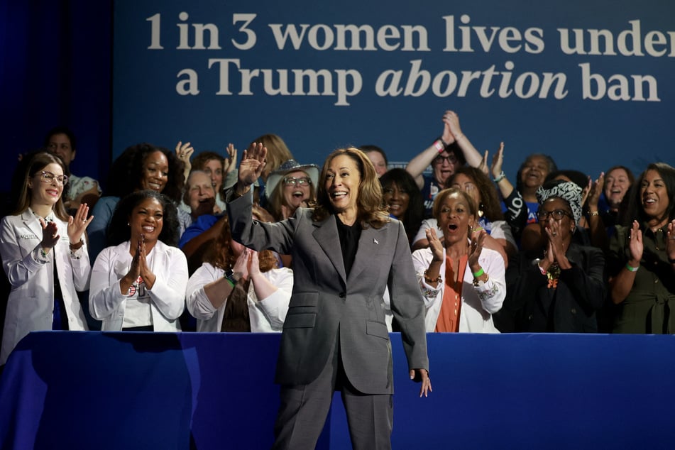 Vice President Kamala Harris arrives on stage to speak during an event at the Cobb Energy Performing Arts Centre on September 20, 2024, in Atlanta, Georgia.