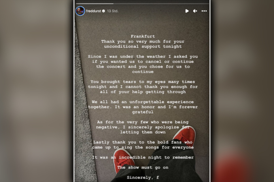 In seiner Instagram-Story ließ Durst zumindest ein wenig Reue für den weitestgehend verkorksten Abend durchklingen.