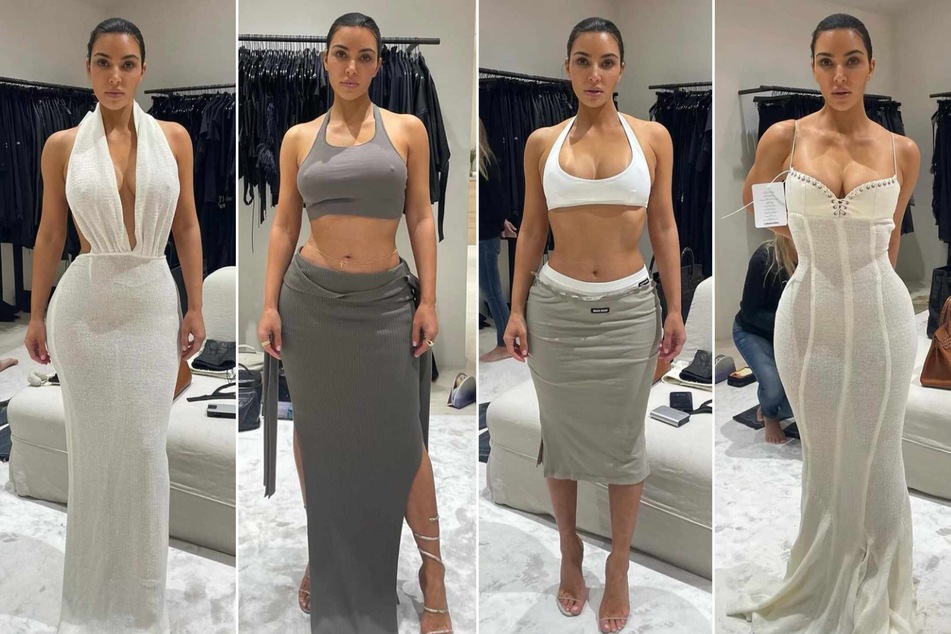 Kim Kardashian just dropped some behind-the-scenes pictures of herself trying on some stylish new threads in a color palette of, you guessed it, neutrals.