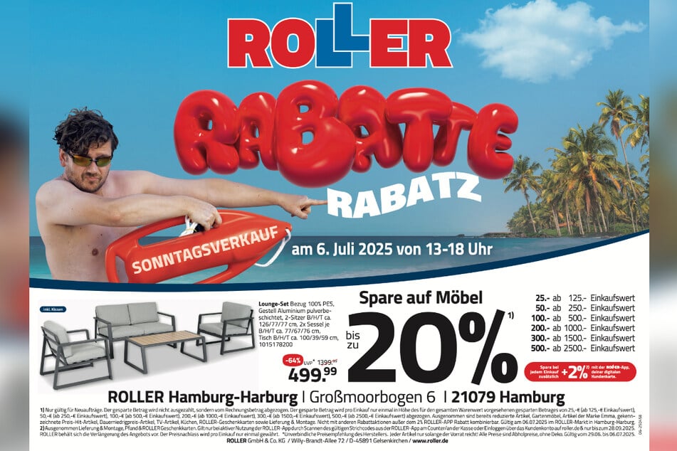 Zum verkaufsoffenen Sonntag (6.7.) bei ROLLER in Hamburg-Harburg gibt's hochwertige Lounge-Sets satte 64 Prozent günstiger.