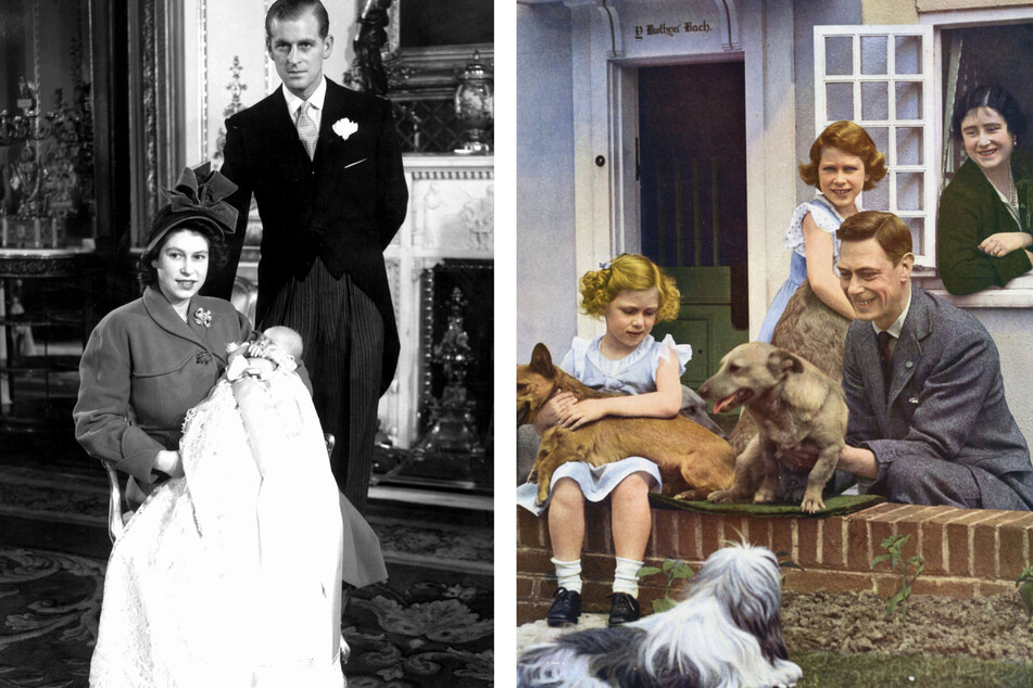 Eine scheinbar ganz normale Familie (r.): Das in den 30er-Jahren entstandene Foto zeigt König George VI. mit seinen Töchtern Elizabeth und Margaret. Aus dem Fenster blickt Queen Mum. Links: Knapp ein Jahr nach ihrer Hochzeit erblickte mit Prinz Charles am 14. November 1948 der erste Thronfolger von Elizabeth das Licht der Welt.