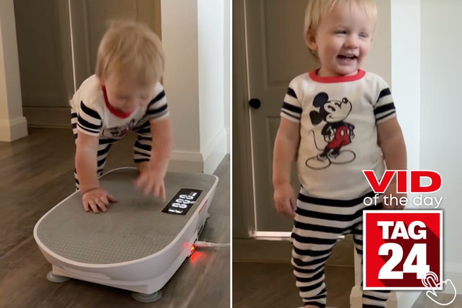 This little boy thought mom's vibration plate was made just for him – and his reaction says it all!