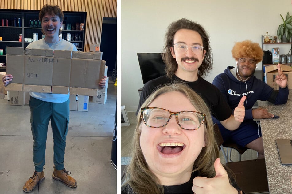 Left: Starbucks workers in Independence, Missouri, celebrate their 17-3 victory. Right: Starbucks organizers in Cleveland, Ohio, win their union election 10-0.