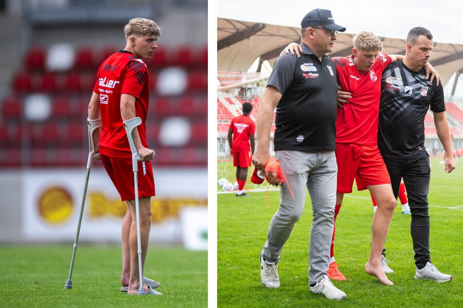 Marco Wolf (23) konnte nach seiner Verletzung nur auf Krücken den Innenraum des Steigerwaldstadions betreten.